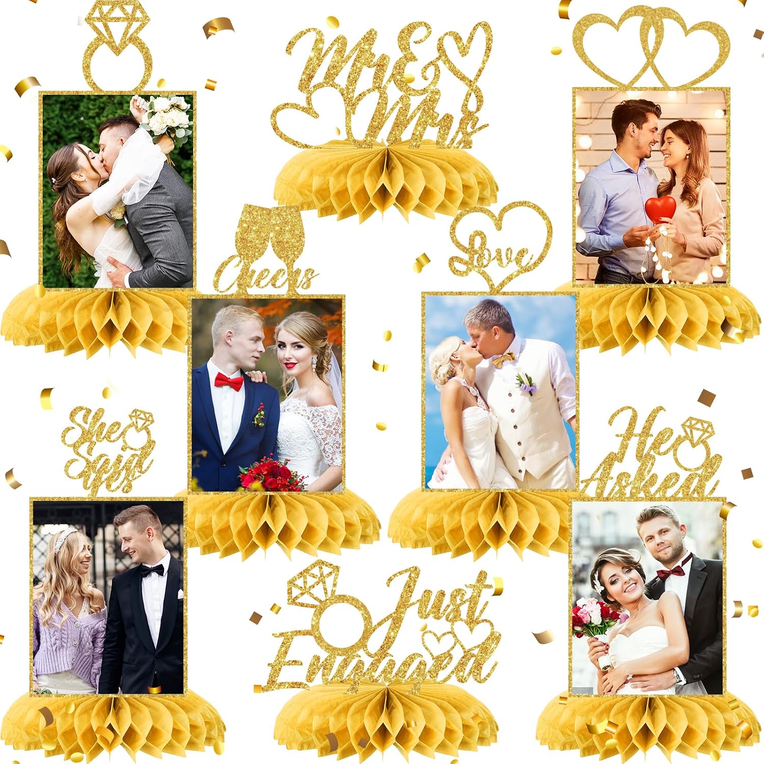 Gold Engagement Party Decorations Just Engaged Photo Table Centerpieces Gold Glitter Bridal Shower Table Topper Party Supplies He Asked, She Said Yes Honeycomb Centerpieces for Wedding Engagement