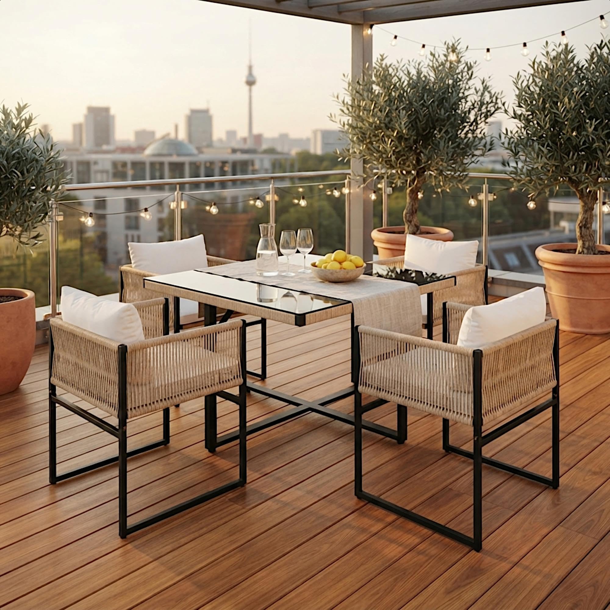 ESTEXO Set di mobili da giardino con elegante design in corda, per esterni, per 4 persone (beige)