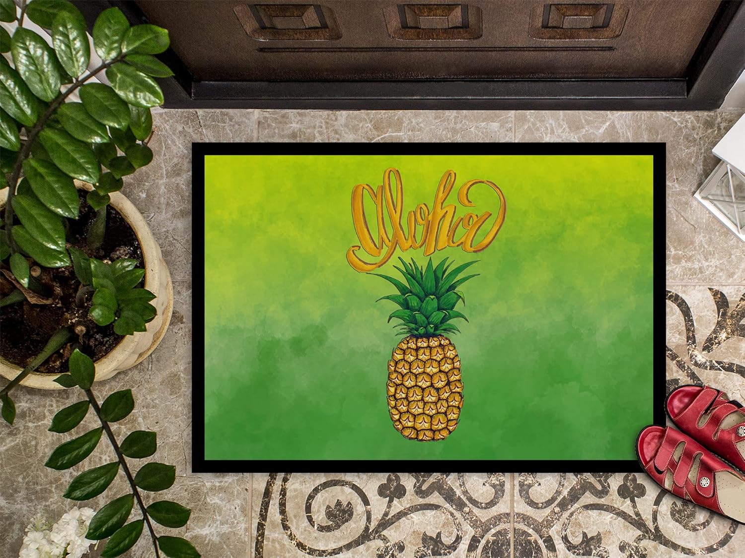 Caroline's Treasures BB7451JMAT Aloha Pineapple Welcome Doormat 24x36 Front Door Mat Indoor Outdoor Rugs for Entryway, Non Slip Washable Low Pile, 24H X 36W