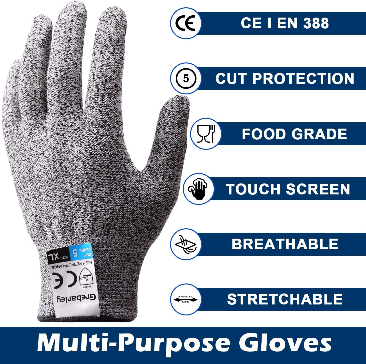 Grebarley Safety Work Gloves,Cut Resistant Gloves,High Performance Level 5 Protection,EN 388 Certified,Full-Fingers Touchscreen,Cutting Protective Gloves for Kitchen Work and Outdoor (XL,1 pair) - Image 3