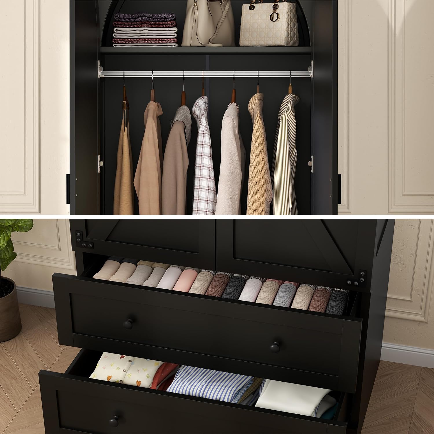 Black Armoire Wardrobe Closet with 2 Drawers, 74.8" Wooden Wardrobe with 2 Doors, Freestanding Closet Armoire Cabinet with Hanging Rack, Clothing Storage Cabinet for Bedroom (Black)