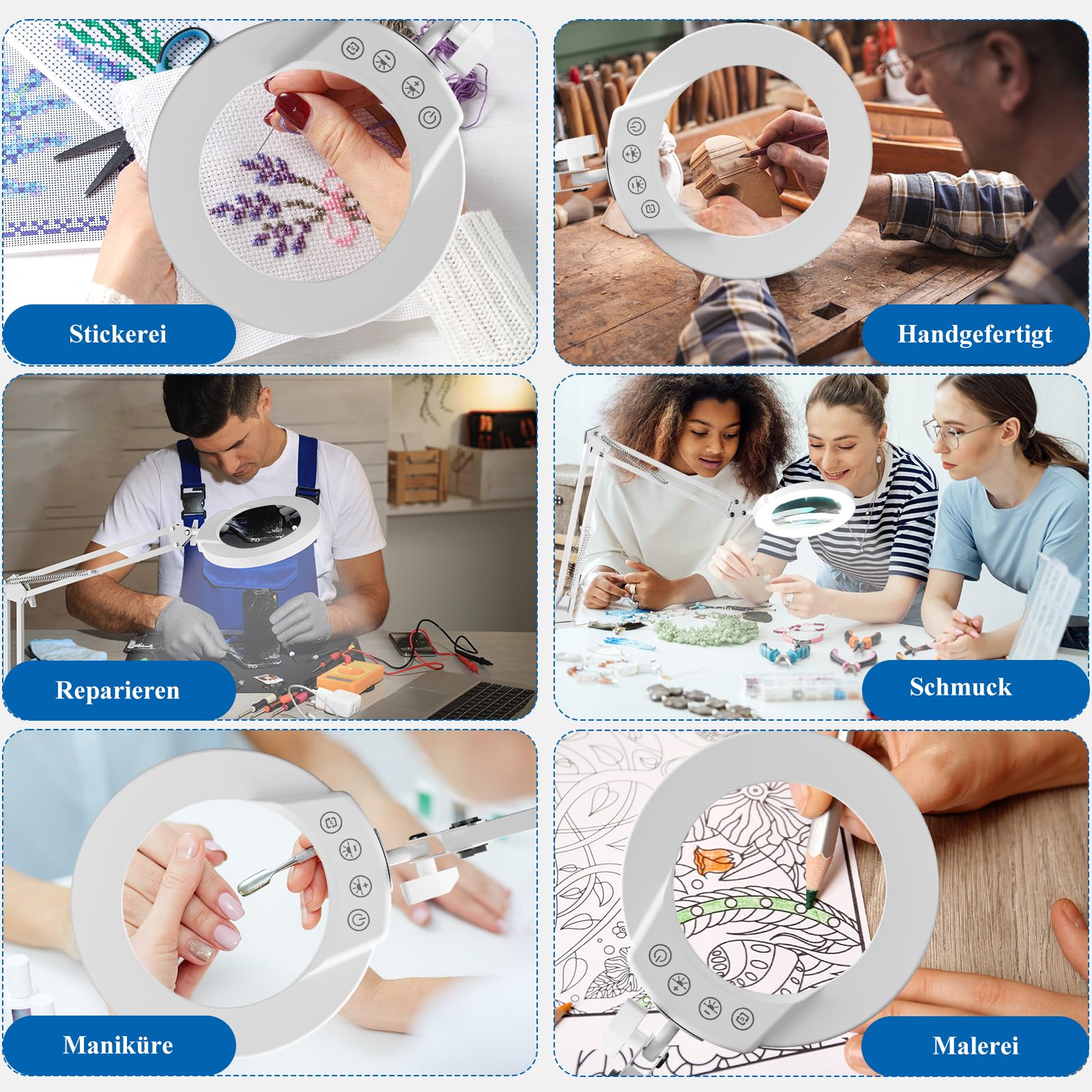 10X Lupa con Luz y Abrazadera, Lupa Iluminada de Cristal Genuino con 5 Modos de Color y Intensidad Regulable sin Escalones, Lámpara de Escritorio Manos Libres para Hobbies, Manualidades
