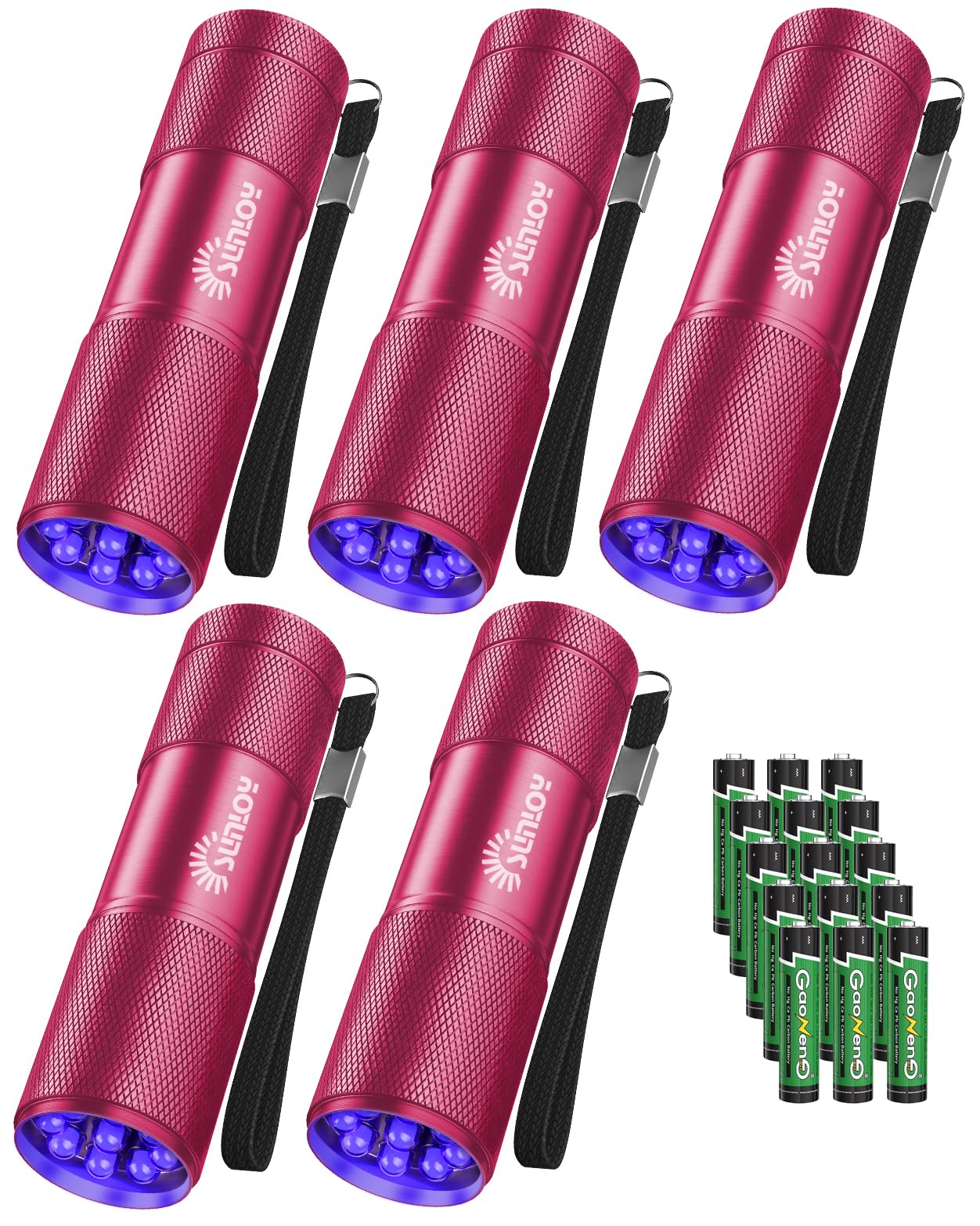 UV Flashlight Black Light, 5 Pack 9 LED 395nm Ultraviolet Blacklight Flashlight, Mini Portable Torch Light Pet Urine Detector for Dog/Cat Urine, Dry Stains, Bed Bug(15x AAA Batteries(Pink))