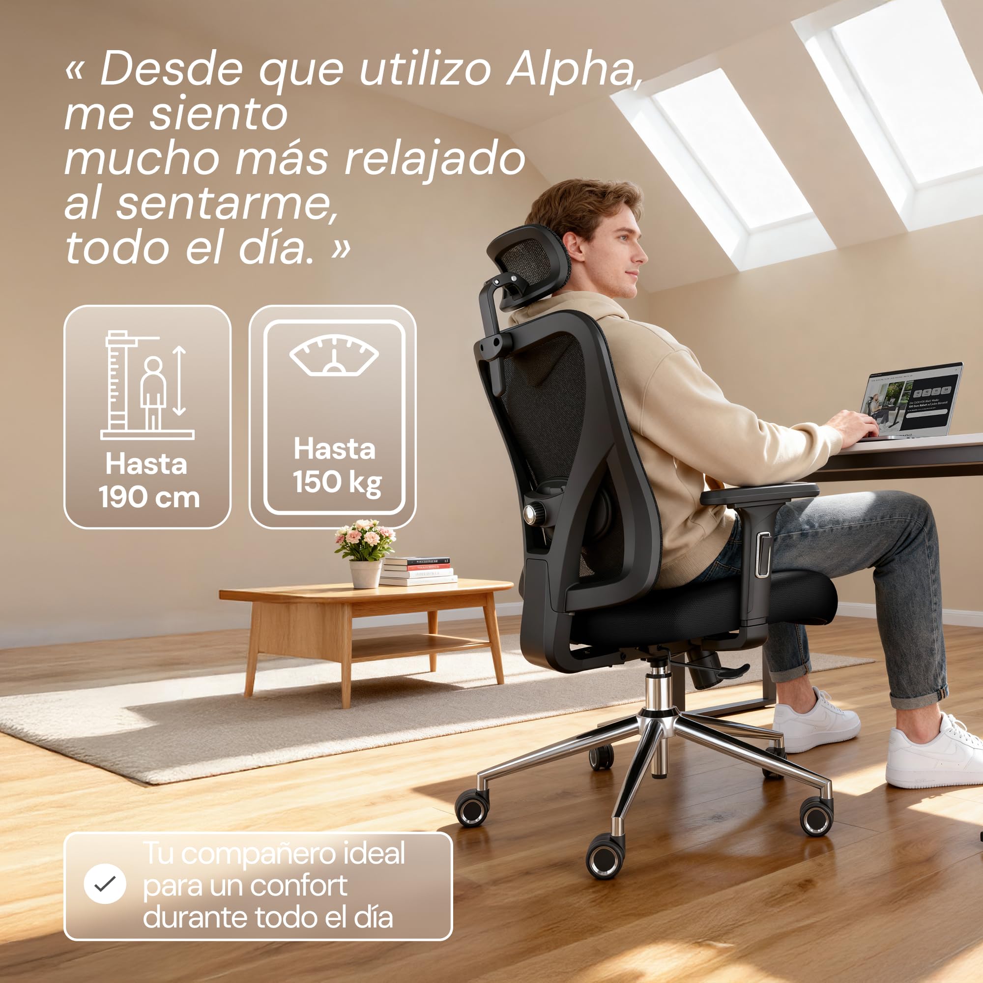 Alpha Silla Escritorio [Original] Silla giratoria sobre Ruedas | Silla ergonómica con 11 ajustes de Confort para hasta 150 kg | Silla Oficina para Trabajar Desde casa