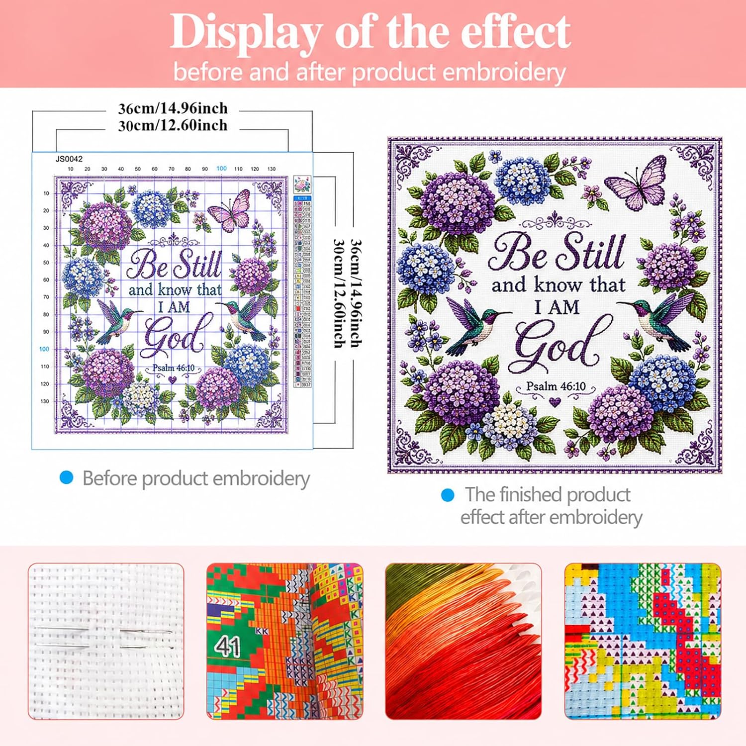 Zhenqing Christian Stamped Cross Stitch Kit, Be Still and Know that I Am God Psalm 46:10, Hummingbird and Floral Cross Stitch on White Cotton Fabric (JS0140)