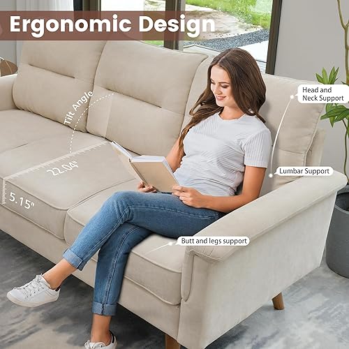 Miniatura 3 de ovios Sofá moderno de mediados de siglo con piel sintética, sofá tapizado Compy con asiento profundo, sofá de 3 plazas con sensación de nube para