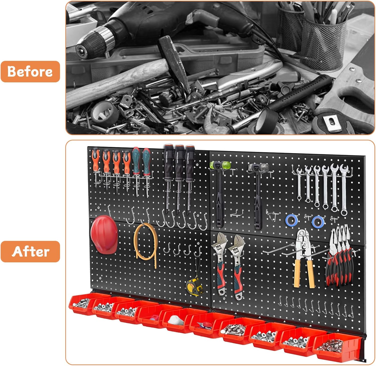 Peg Board Wall Organizer, 24"x48" Black Metal Pegboard Organizer, 4 Metal Pegboard Panels with 55 Accessories, Wall Mount Large Peg Board Kit with Hooks, Bins for Home, Garage, Workbench