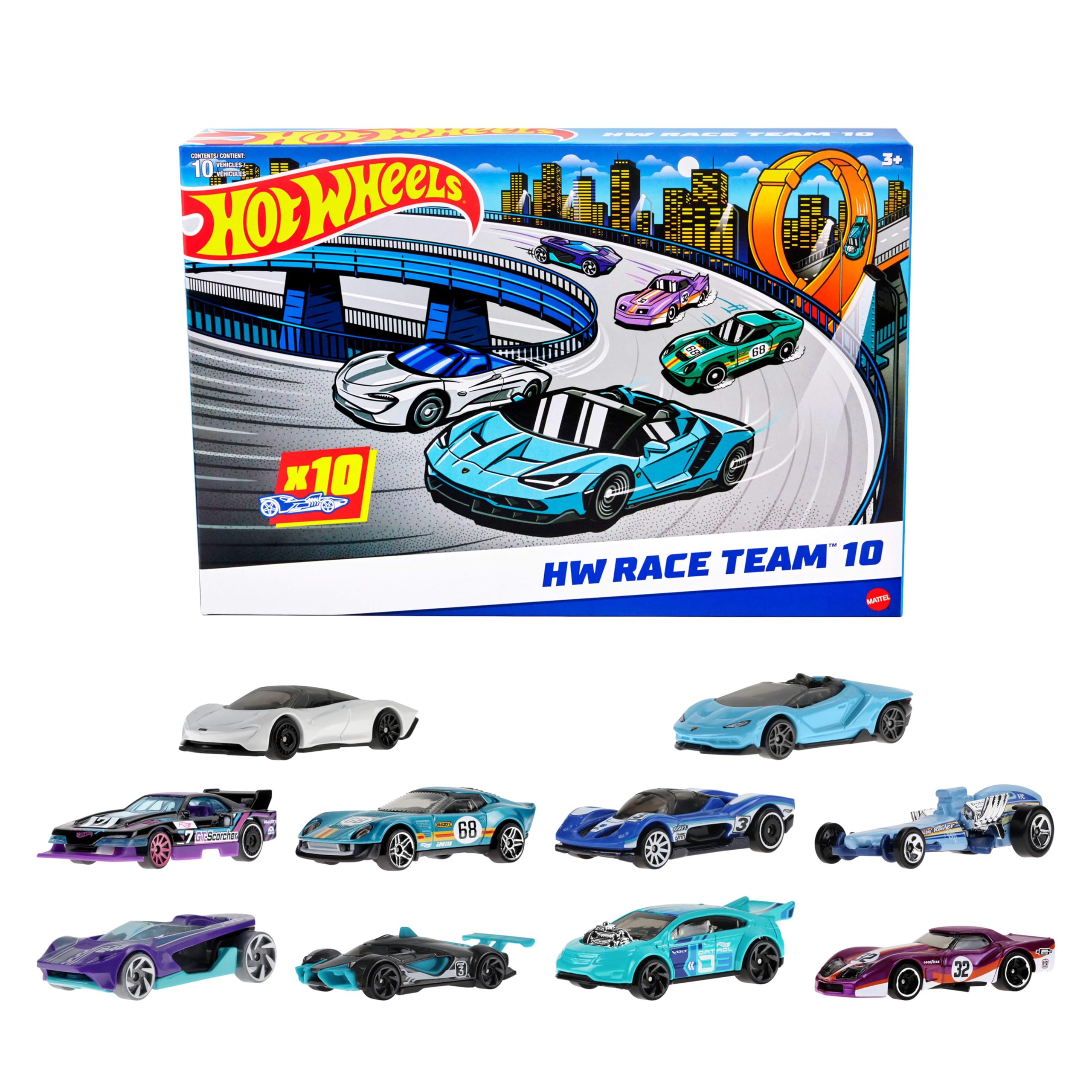 Hot Wheels Samochody zabawki 10-pak aut wyścigowych w skali 1:64, takich jak Corvette, Lamborghini, McLaren i oryginalne modele Hot Wheels, HYM96 | Zestaw 10 pojazdów w skali 1:64, zawiera Hot Wheels Originals i oficjalnie licencjonowane samochody