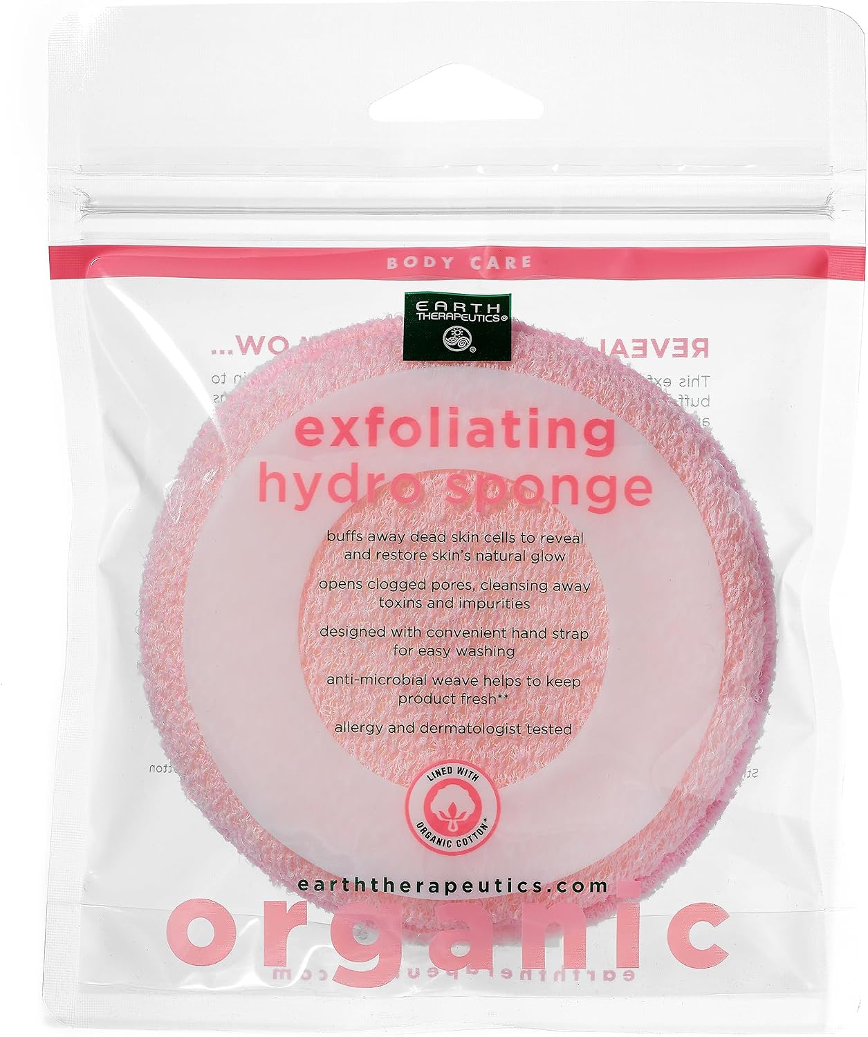 Earth Therapeutics Organic Cotton Exfoliating Hydro Sponge - Round - Pink
