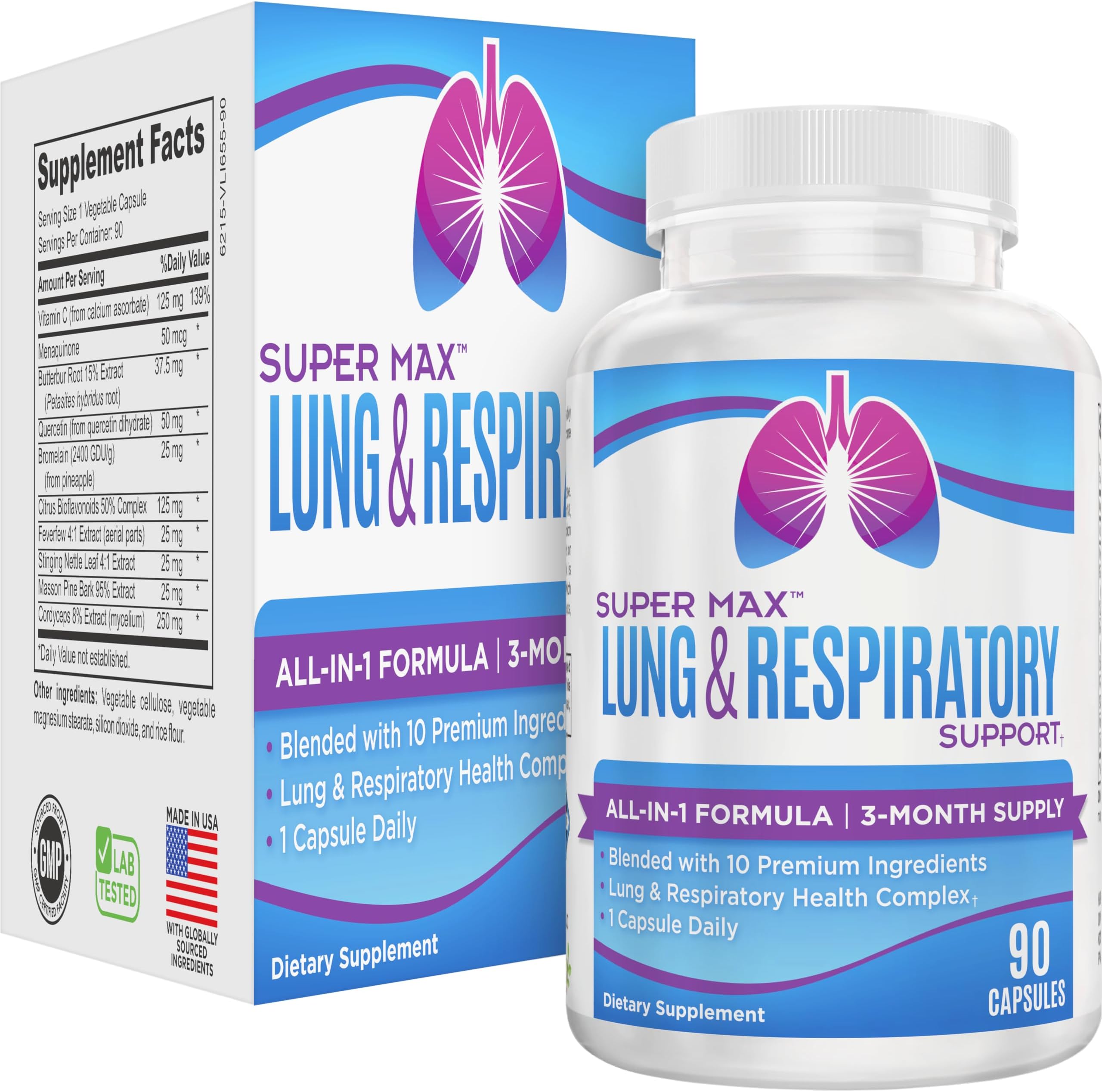 3-Month Lung & Respiratory Support (All-in-1 Formula) with 10 Active Ingredients - Lung Respiratory Health - Easy to Swallow - 90 Capsules