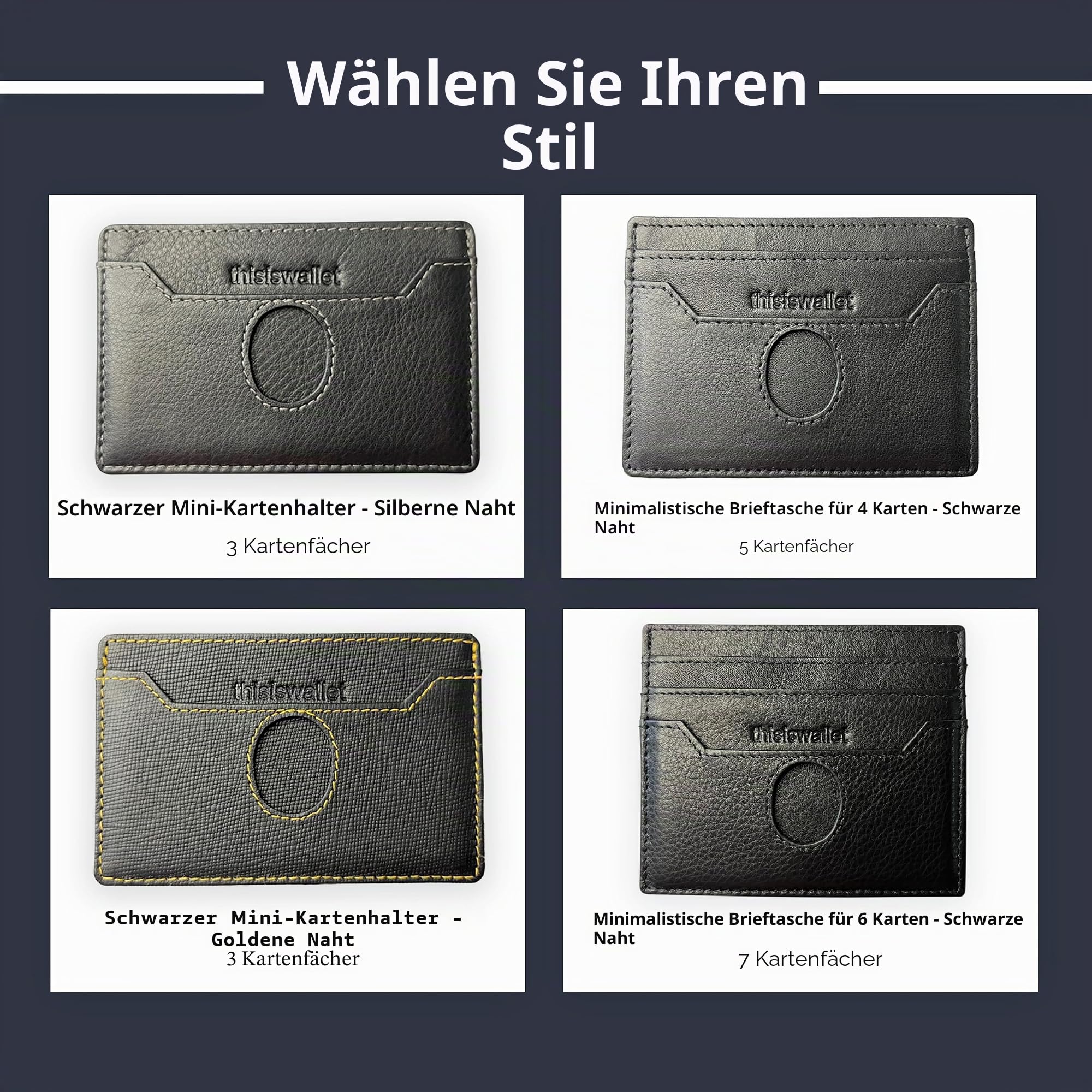 Minimalistische Geldbörse für 2 Karten für Damen & Herren – Echtes Leder Ultra Dünn Schwarz Kreditkartenetui – Kompatibel mit American Express Platinum
