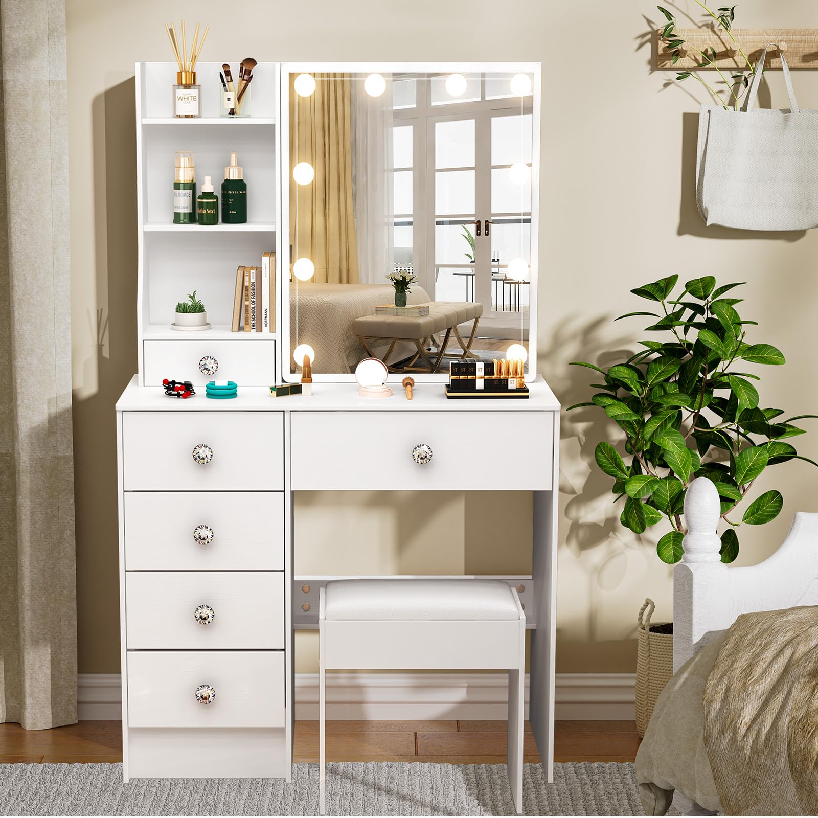JBLCC Makeup Vanity Desk with Lights and Chair, White Vanity with Lights, USB Port, 6 Drawers & Open Shelves, 3-Mode Light & Sliding Door Mirror, Modern Lighted Vanity Desk for Bedroom