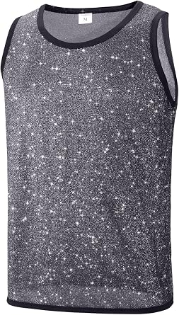 Mesh Tank Top Men Silver Glitter Black Sheer See Through Muscle Sleeveless Shirt Sparkly Party Clubwear Costume