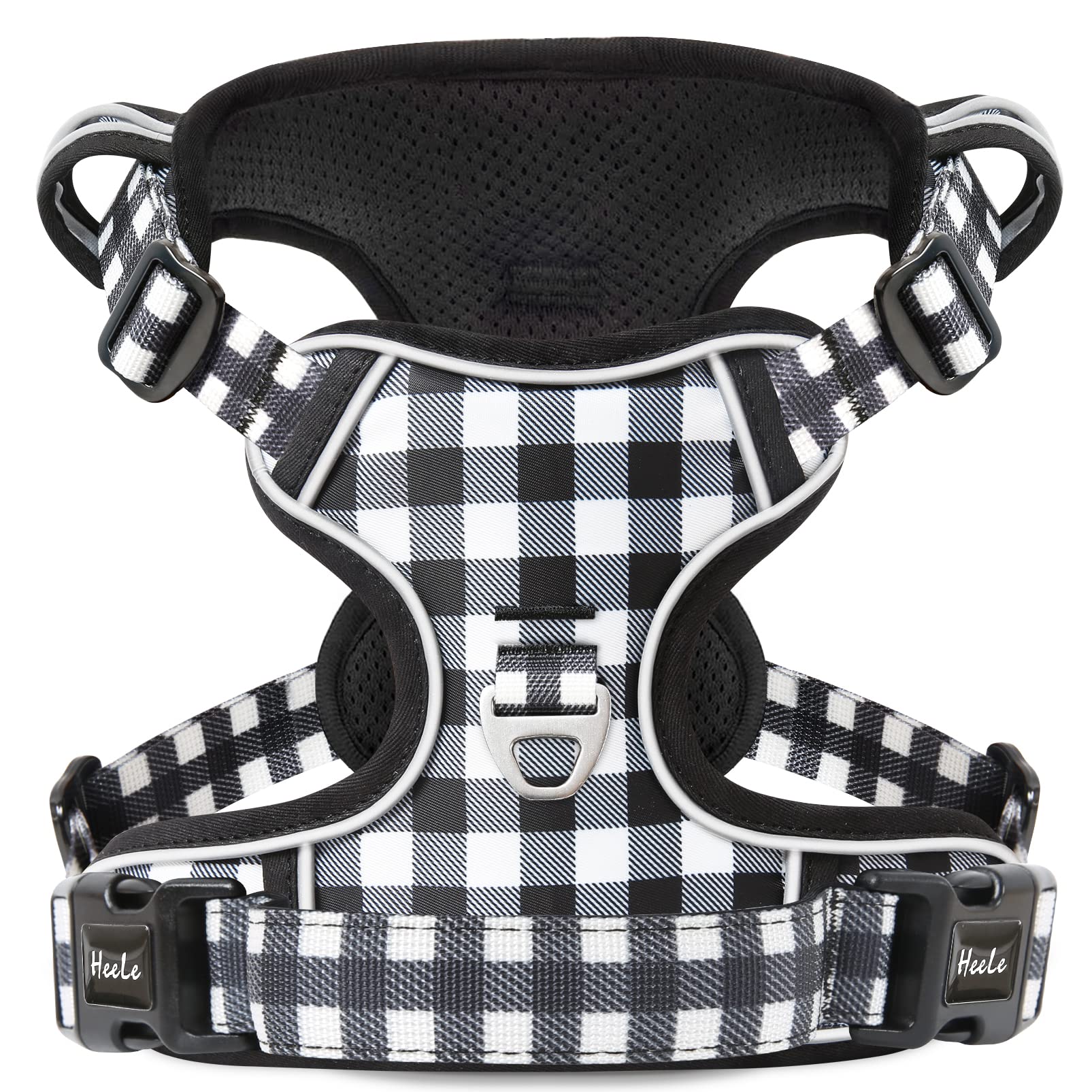 HEELE Pettorina Cane No pull Imbracatura Riflettente e Traspirante, con Gancio in Metallo e Manico Imbottita, Pettorina Cane Taglia Grande per Addestrare Le Passeggiate, Plaid Nero-Bianco, XL