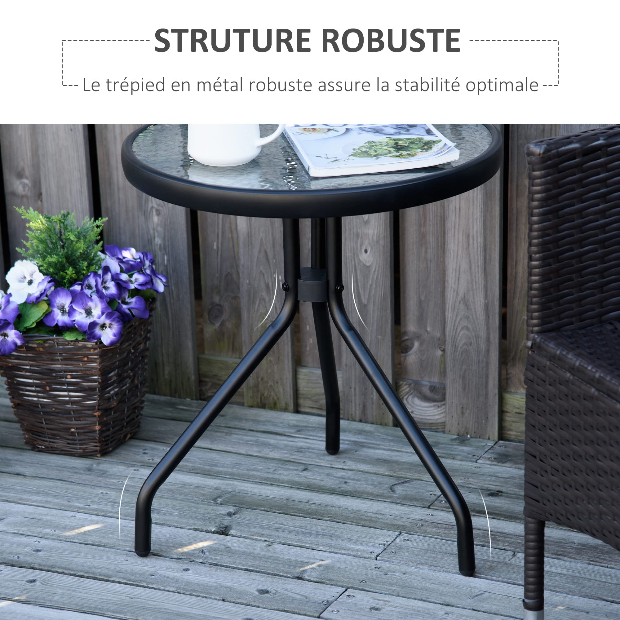 Outsunny Table Bistro de Jardin Table Basse Ronde avec Plateau Verre trempé métal époxy Ø 50 x 55H cm Noir