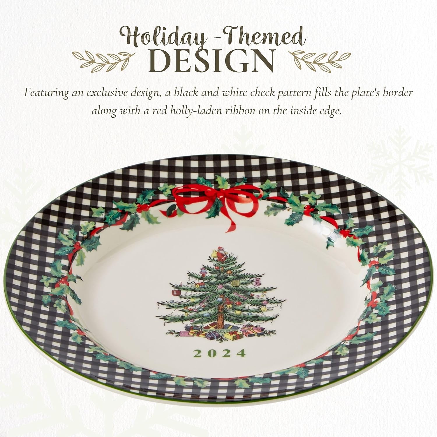 Spode Christmas Tree Collector Plate - Exclusive Border with Red Ribbon & Black Check, Seasonal Display or Holiday Tableware Use, 8" Porcelain Plate - Microwave & Dishwasher Safe, Great Holiday Gift