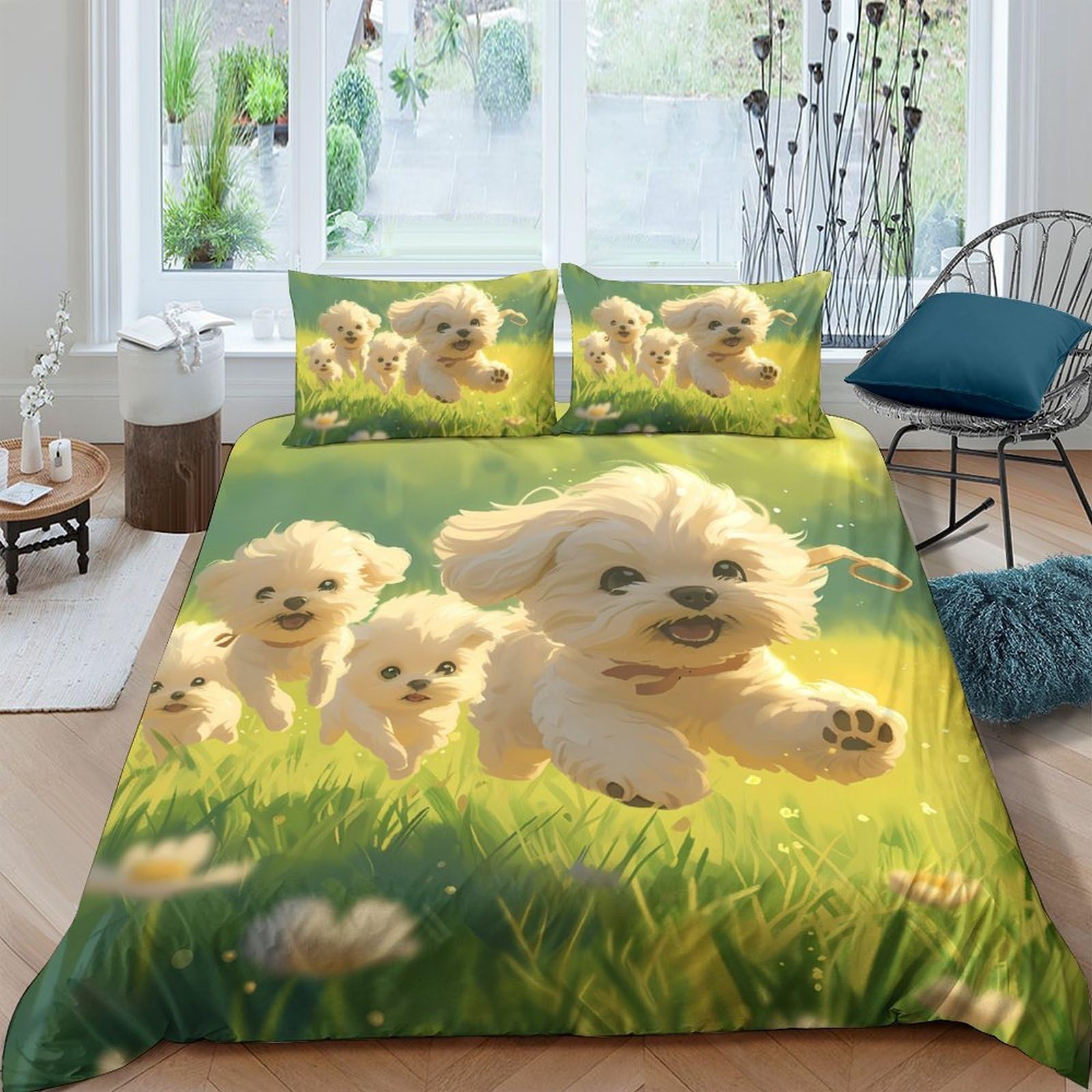 Ctjqhvkz Style-2 3D Printed Playful Puppy Fitted Sheet Microfiber Soft Breathable Meadow Bed Cover For Bedroom Guest Room Decor Single（135X200cm）