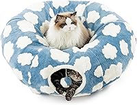 Lesure Cat Tunnel Bed & Donut Tunnel Toy for Cats, Kittens, Rabbits - Plush Washable Cushion, Interactive Peekaboo Cave, Cozy Clouds Blue