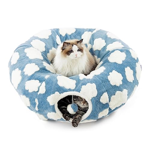 Lesure Cat Tunnel Bed for Indoor - Cute Cat Donut Tunnel with Washable Circle Cushion, Round Pet Peekaboo Cave Toy for Kitten/Puppy/Rabbit, Blue - Standard - Blue