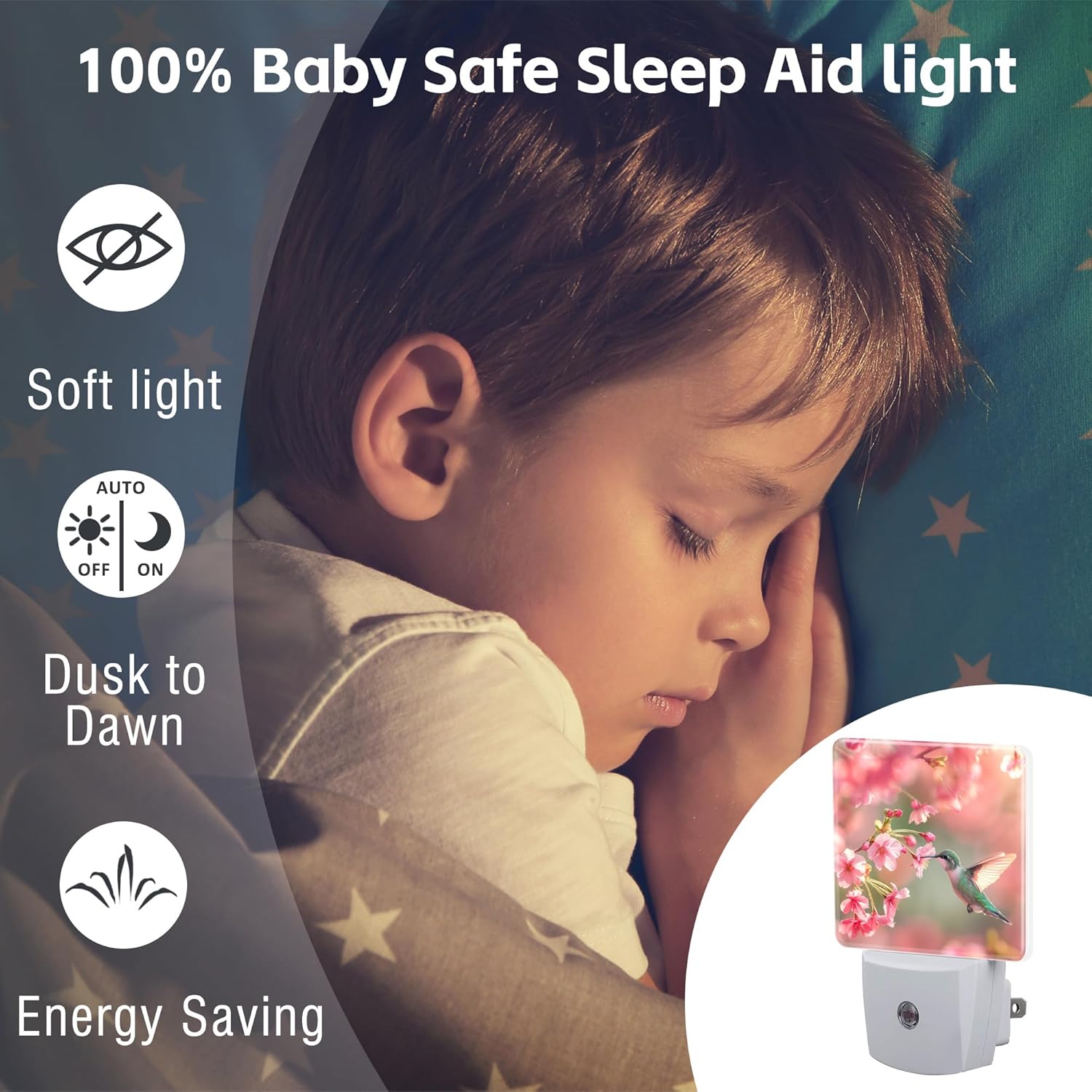 Hummingbird with Cherry Blossoms Night Light Plug into Wall, Pink Flowers Bird Dusk to Dawn Night Light Plug in,0.5w Energy Saving Sleep Friendly NightLight for Kids Boys Girls Home Decor
