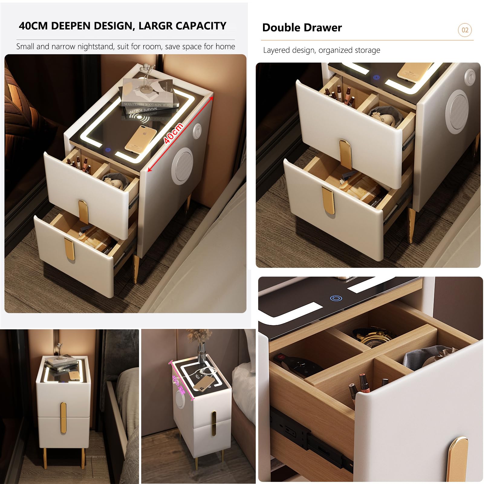 Table De Chevet Murale Avec LED Bluetooth Et Prises De Charge - 31,5 X 20 Cm, 3 Niveaux, Tiroir, 1 AC + 2 USB - 4