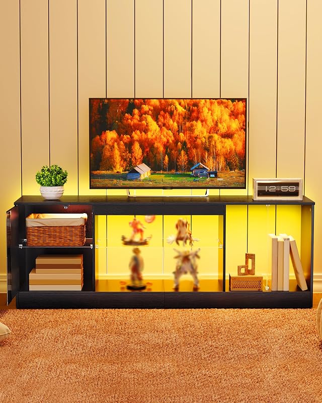 CHOEZON TV Stand with Power Outlets 55 65 inch, Modern Entertainment Center with Multi-Color LED Light, Media TV Console with Adjustable Glass Shelves for Living Room Black MDS01UDBB image 4