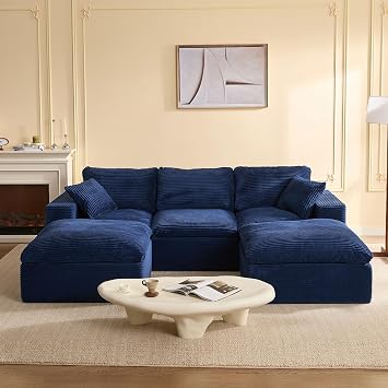 Modular Sectional Sofa and Sofa Bed, L-Shaped Cloud Couch with Memory Foam, No Assembly, Deep Seat,Set of Corduroy Convertible Sofa for Living Room Navy, 268 cm U-Shaped
