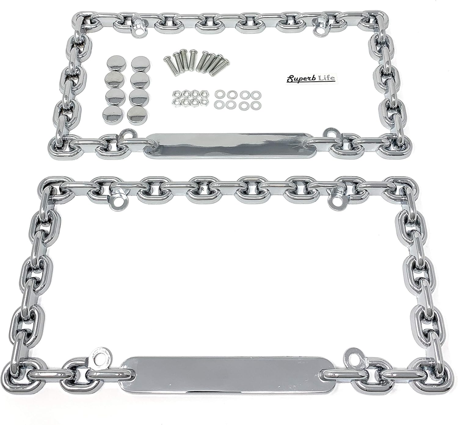 Universal Chrome Mega-Metal Round Chain Link Design License Plate Frame with Screws Caps, Set of 2 - Image 2
