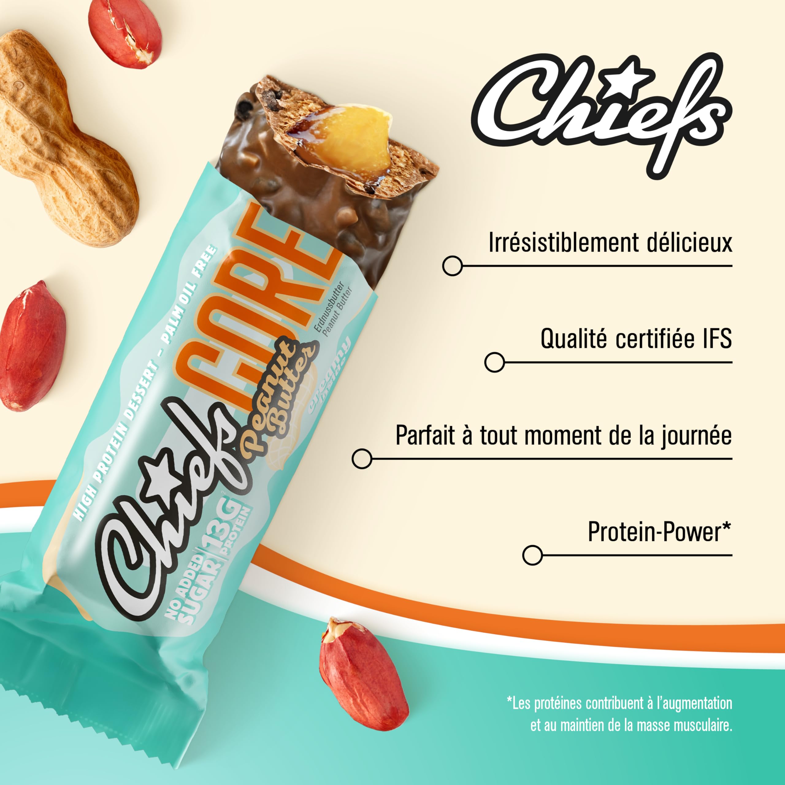 Chiefs Protein Core Bar (Peantu Butter) • Barre protéinée premium avec 13g de protéines & 163 kcal par barre • Sans sucre ajouté • Barre protéinée low sugar • Goût de Peanut • Pack de 12 (12 x 40g)