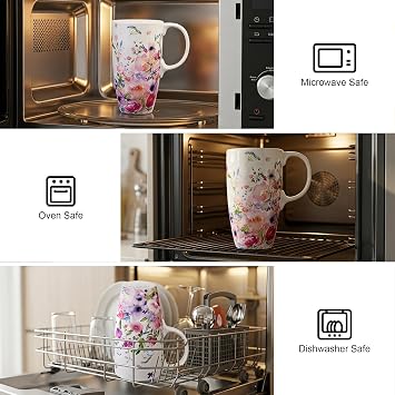 Topadorn 17oz Floral Ceramic Coffee Mug with Lid, Travel Mug with Handle