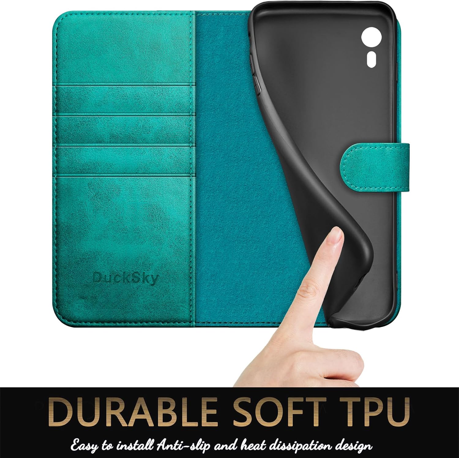 DuckSky for iPhone XR Genuine Leather Wallet case 【RFID Blocking】【4 Credit Card Holder】【Real Leather】 Flip Folio Book Phone case Protective Cover Women Men for Apple XR case Blue Green