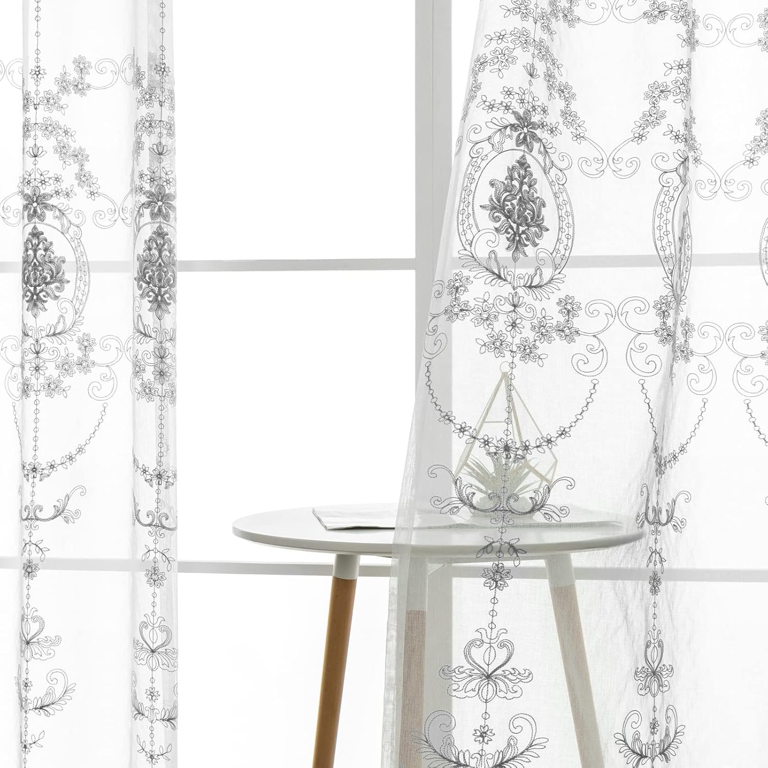 Sheer Curtains Voile 2 Panels 2 x 42W x 54H,Window Curtains Sheer Gray White Vintage Flower Prints Drapes with Grommets