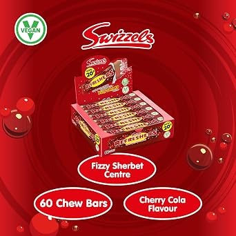 Swizzels Refreshers Cherry Cola Chew Bars 60 Pack, Fizzy Sherbet Centre Retro Sweets, Individually Wrapped PMP Candy Bars, 1080 Grams