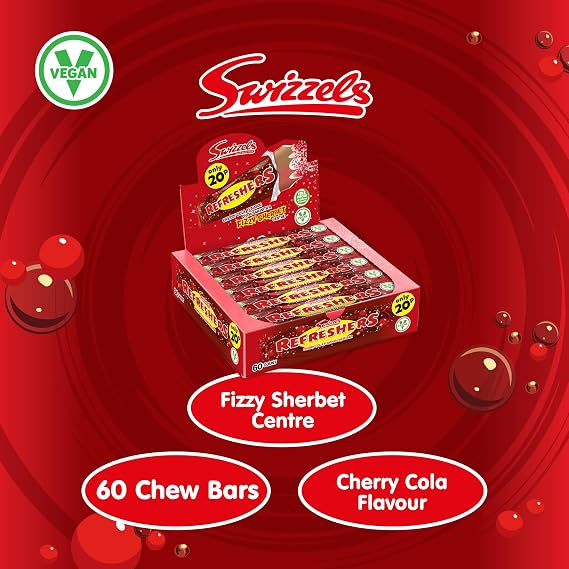 Swizzels Refreshers Cherry Cola Chew Bars 60 Pack, Fizzy Sherbet Centre Retro Sweets, Individually Wrapped PMP Candy Bars, 1080 Grams