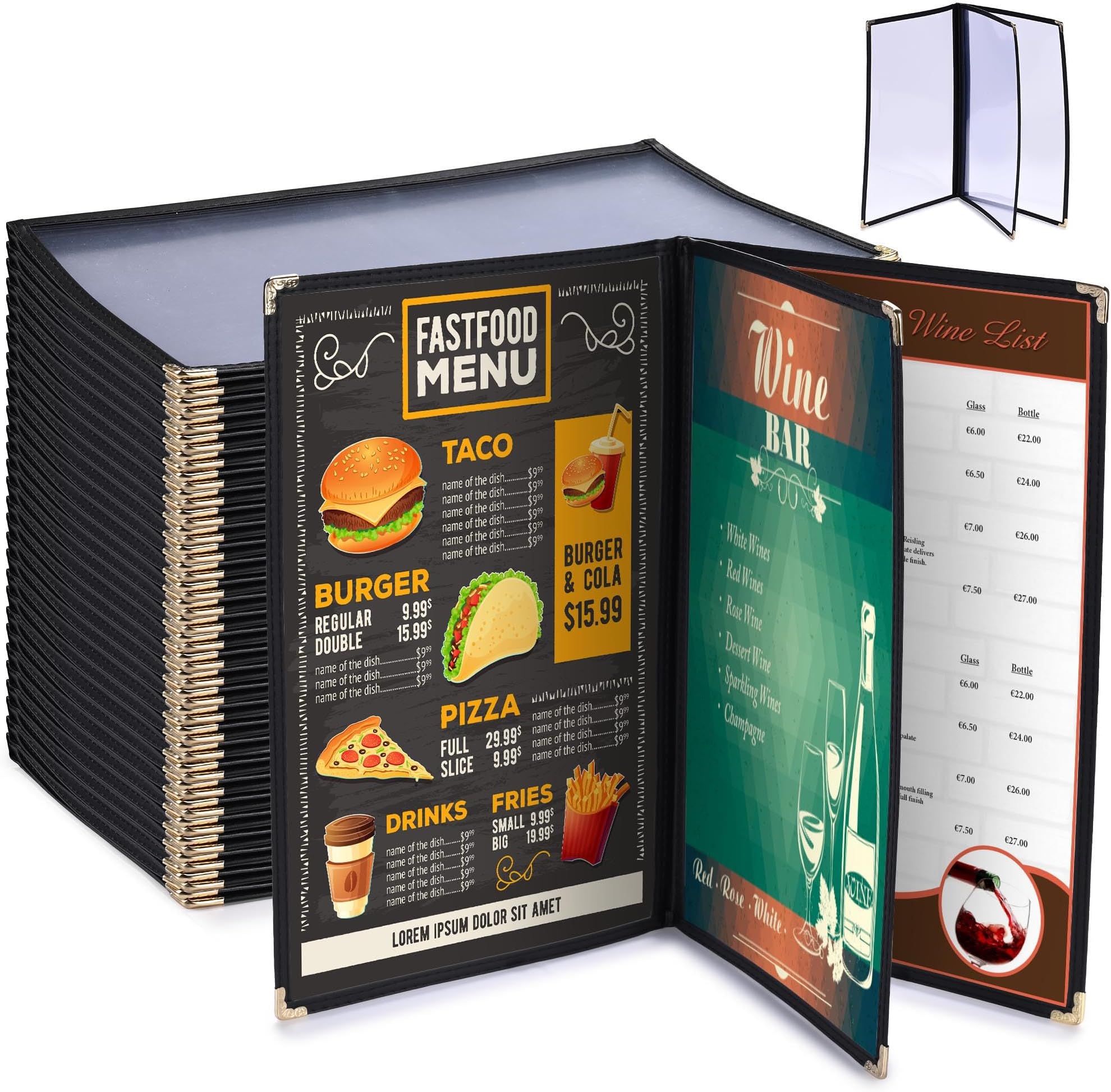 WeChef 30 Pack Restaurant Menu Covers 8.5 x 14" Book Style 3 Pages 6 Views PVC Transparent Restaurant Menu Holder Book Cafe Hotel Bar Black