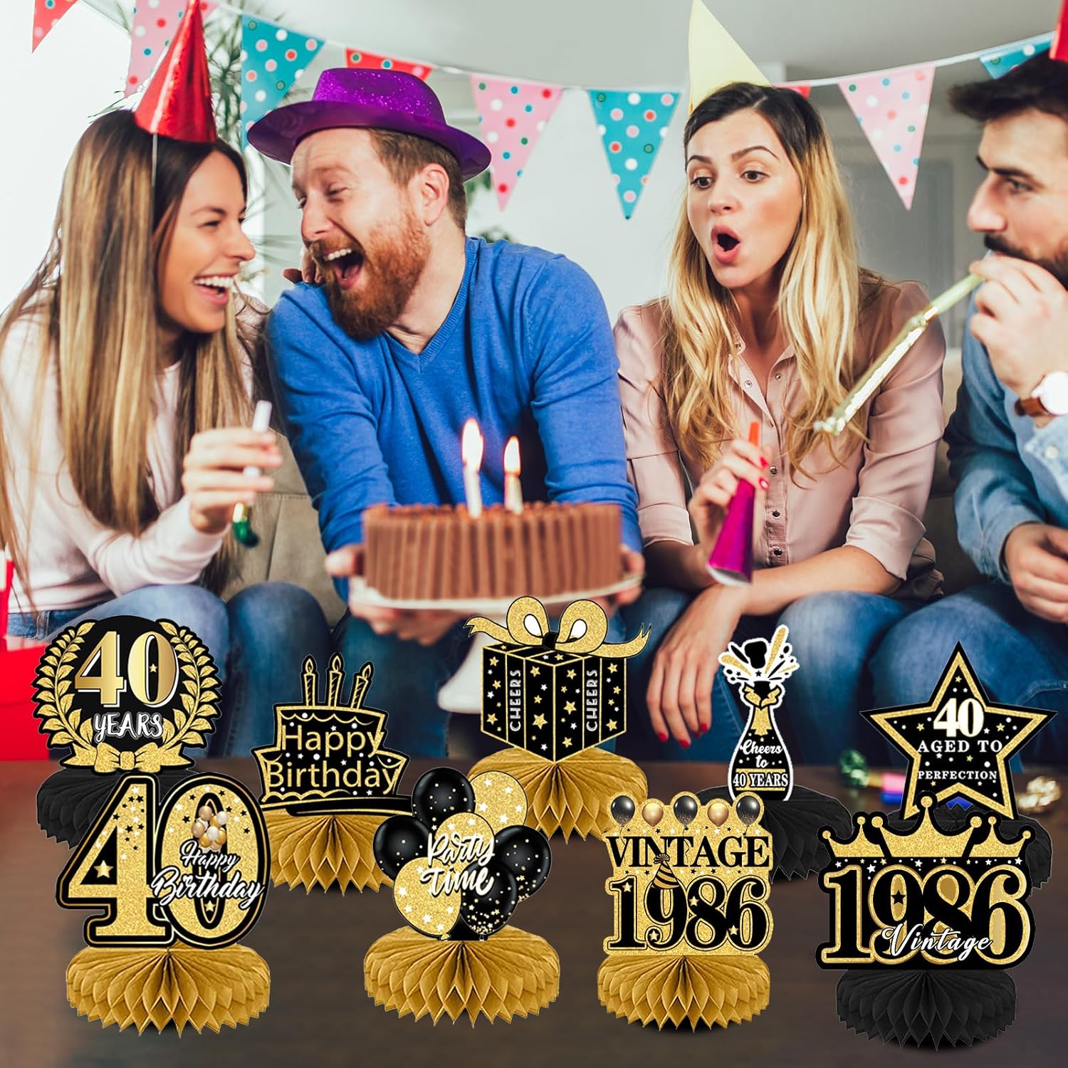 40th Birthday Party Decorations - 9Pcs 40th Birthday Honeycomb Centerpieces for Men Women, Black Gold Party Table Supplies Decorations Over the Hill Aged to Perfection Decor image 5