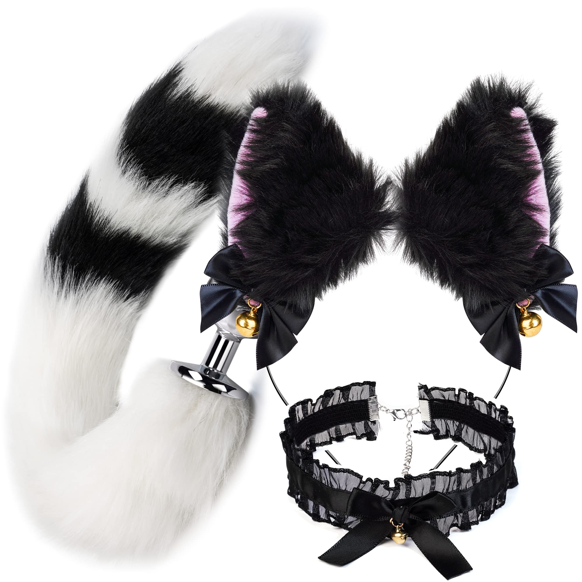 JIKUEA Costume Accessory Set for Women, Anime Cosplay Party Costume, Handmade Furry Cat Ears Tail Set (Black and White)