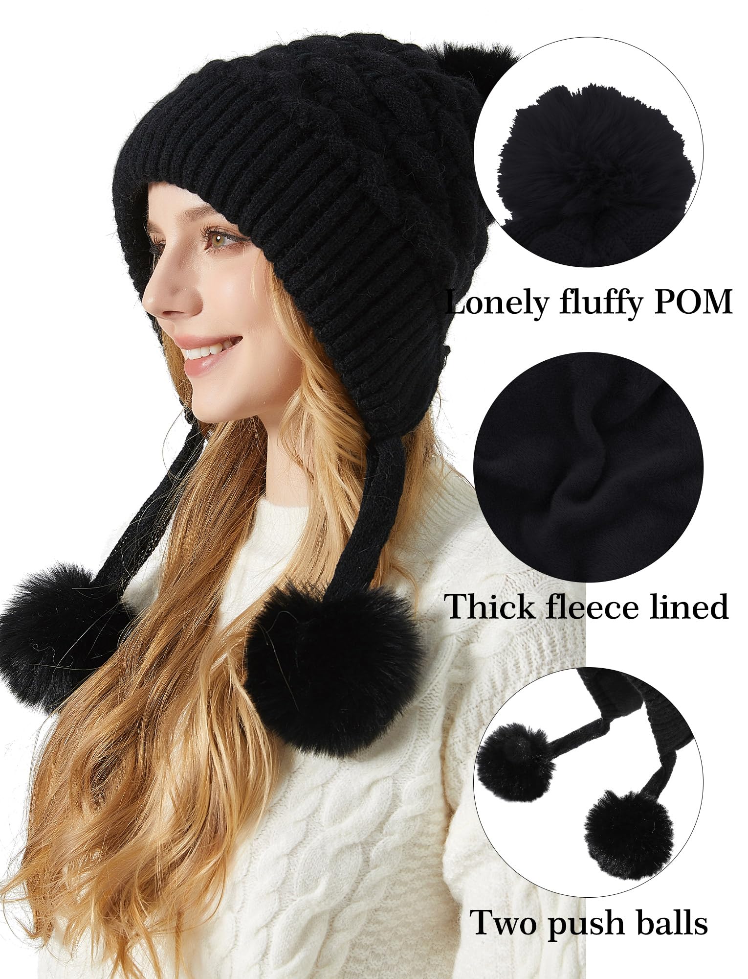 FEOYA Berretto invernale da donna con pompon, in pelliccia sintetica, caldo, foderato in pile, berretto da sci da donna, berretto da neve, nero