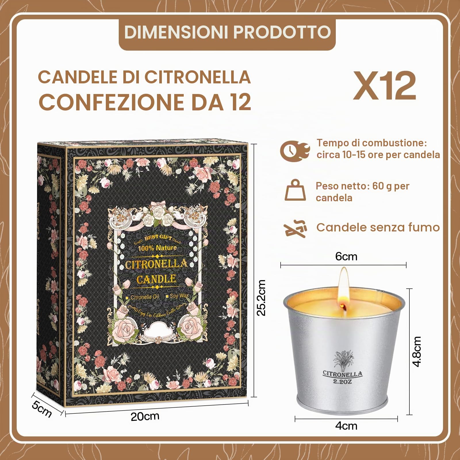 Candele Citronella Esterno Set 12x2.2oz Cera di Soia Naturale Oli di Citronella 120-180 Ore