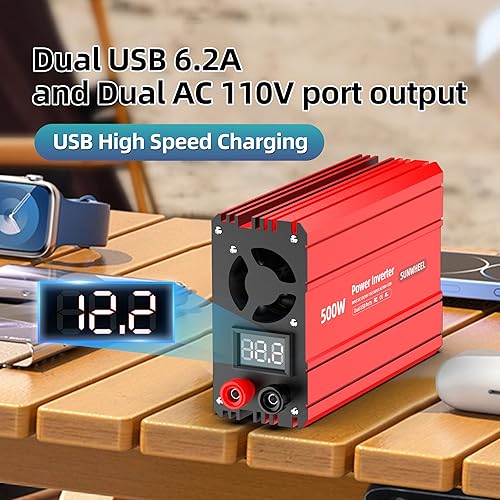 Miniatura 4 de SUNWHEEL Inversor de corriente de 500 W CC 12 V a 110 V CA inversor de coche con 2 puertos USB de 3.1 A y salida de CA doble, equipado con 1