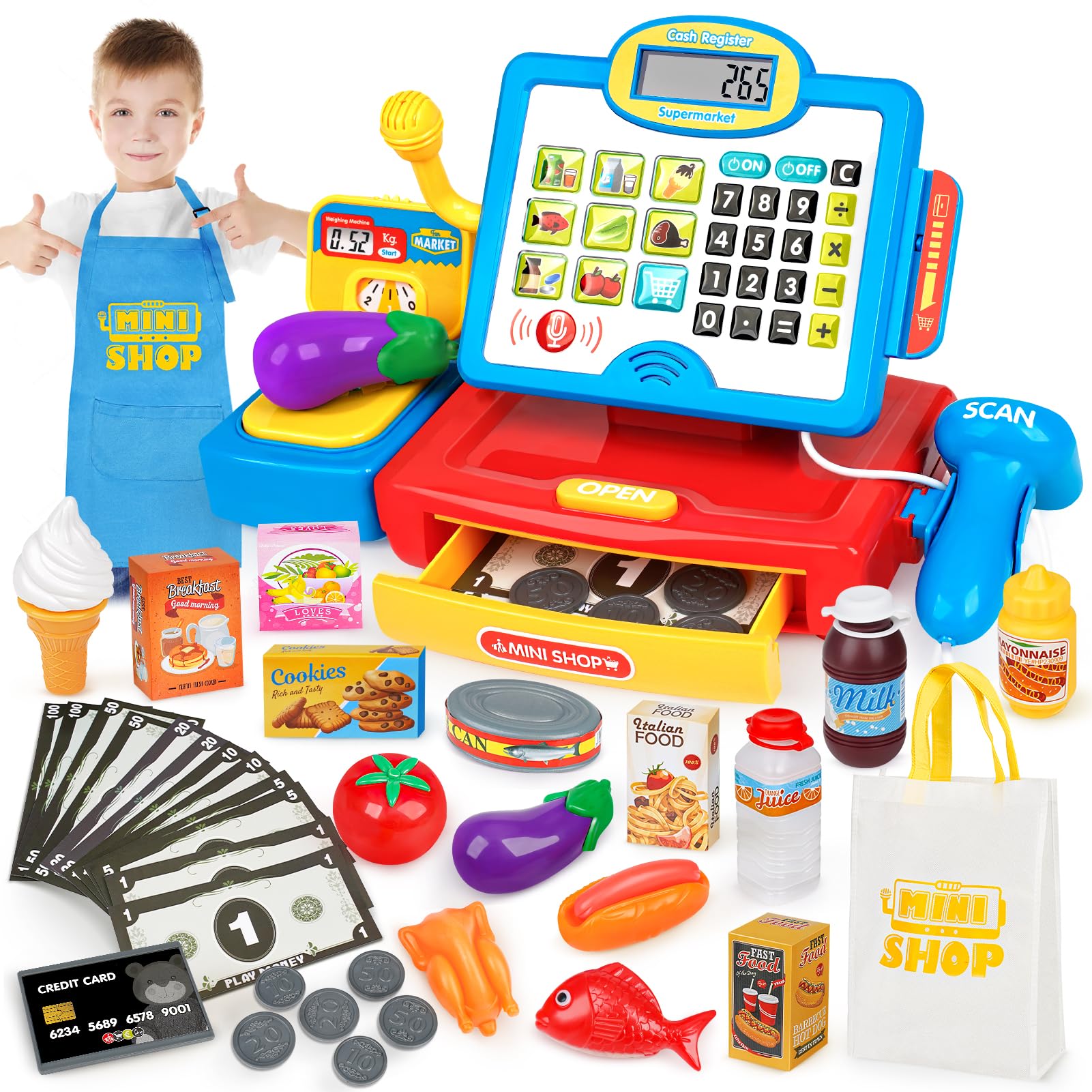 Dreamon Toy Till Cash Register with Scanner for Kids, Mini Kids Shop Play Till for 3 Year Old Girls Boys, Pretend Role Play Money Food Learning Toys Gift for Toddler