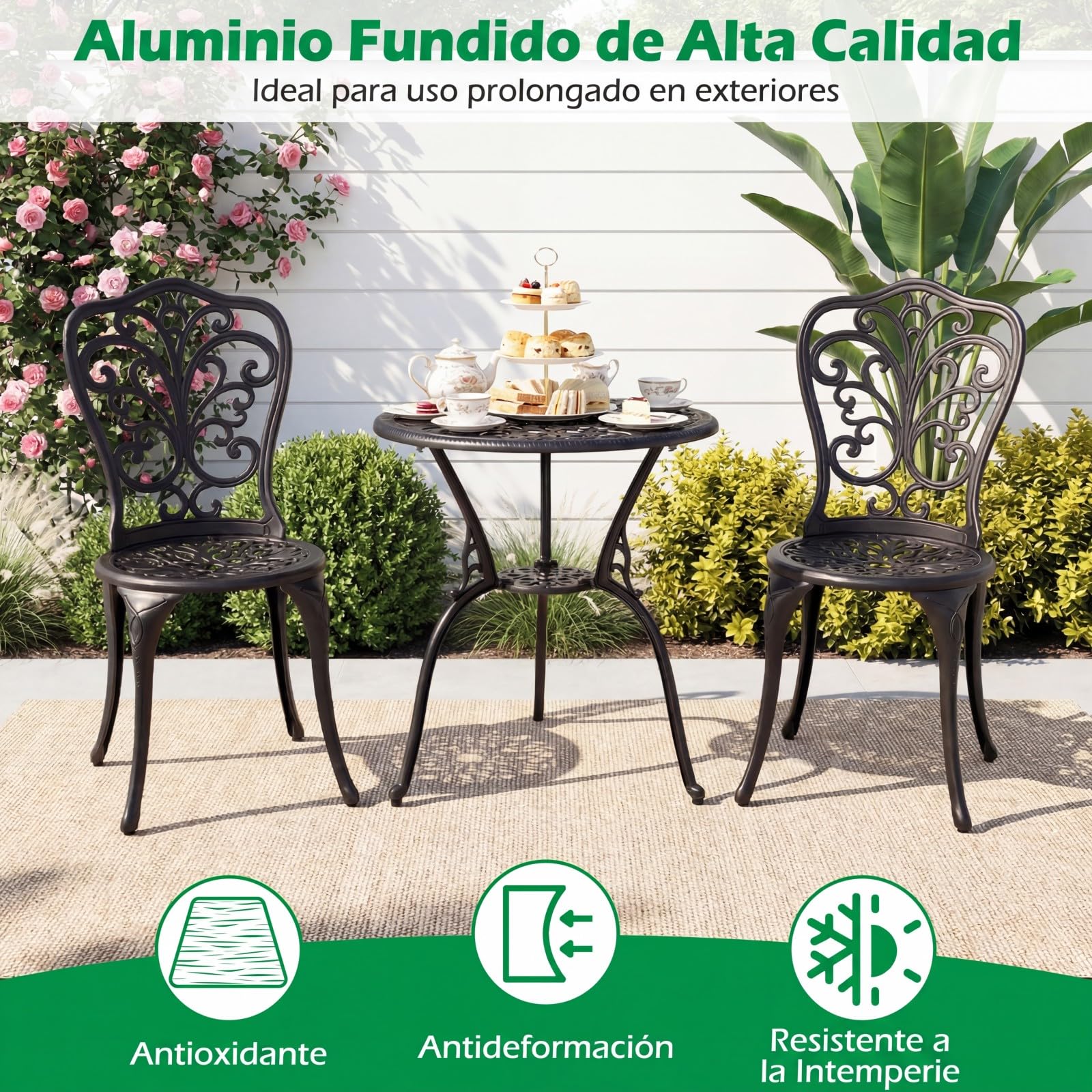 GOPLUS Conjunto de Bistró para Exteriores de 3 Piezas, Juego de Mesa y 2 Sillas de Aluminio Fundido para Todo Tipo de Clima con Agujero para Sombrilla, Juego de Muebles para Jardín (Mariposa)
