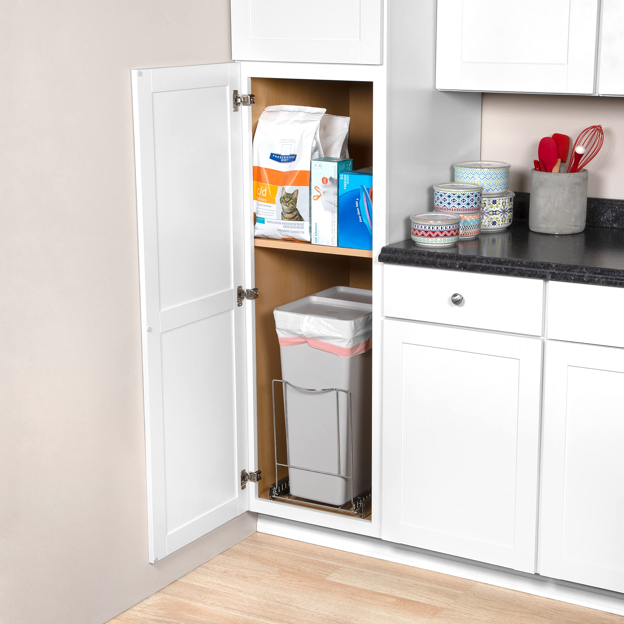 Pull Out Trash Can Under Pullout Shelf for Garbage Bin