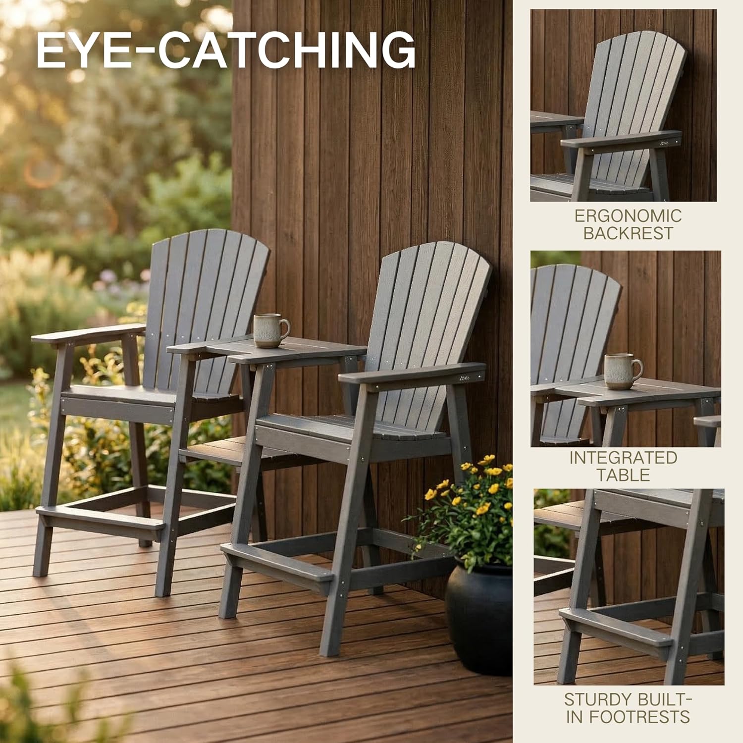 Kingdura Tall Adirondack Chairs Set of 2 with Removable Connecting Tray & 2" Umbrella Hole, Weather-Resistant HDPE Bar Height Outdoor Chairs, Wood-Look Balcony Bar Stools for Patio, Deck, Porch (Grey)