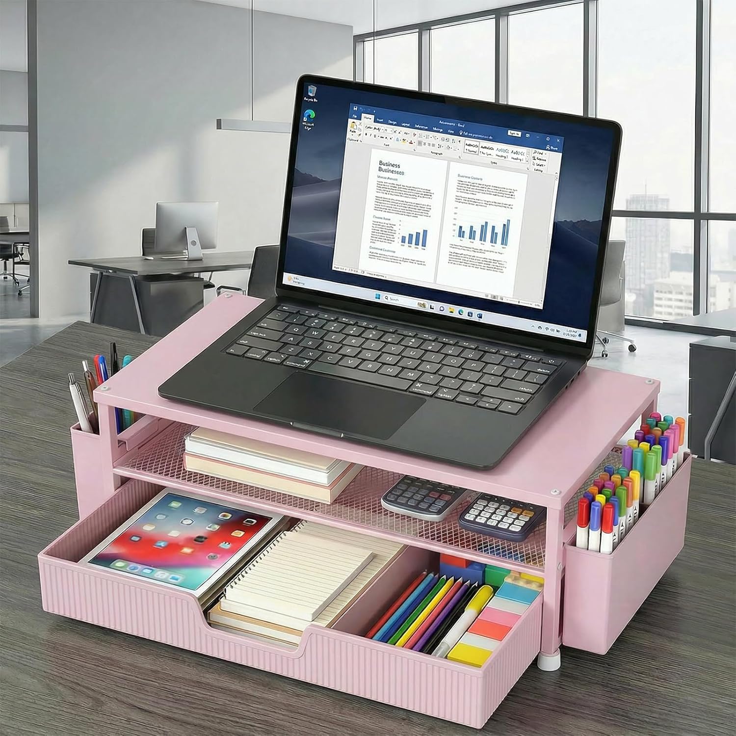 ECOLOVI Desk Organizer and Accessories, 2-Tier Computer Monitor Stand Rise with Storage Drawer & 2 Pen Holders, Laptop & Printer Stand for Desktop, Workspace Organizers for Office Supplies (Pink)