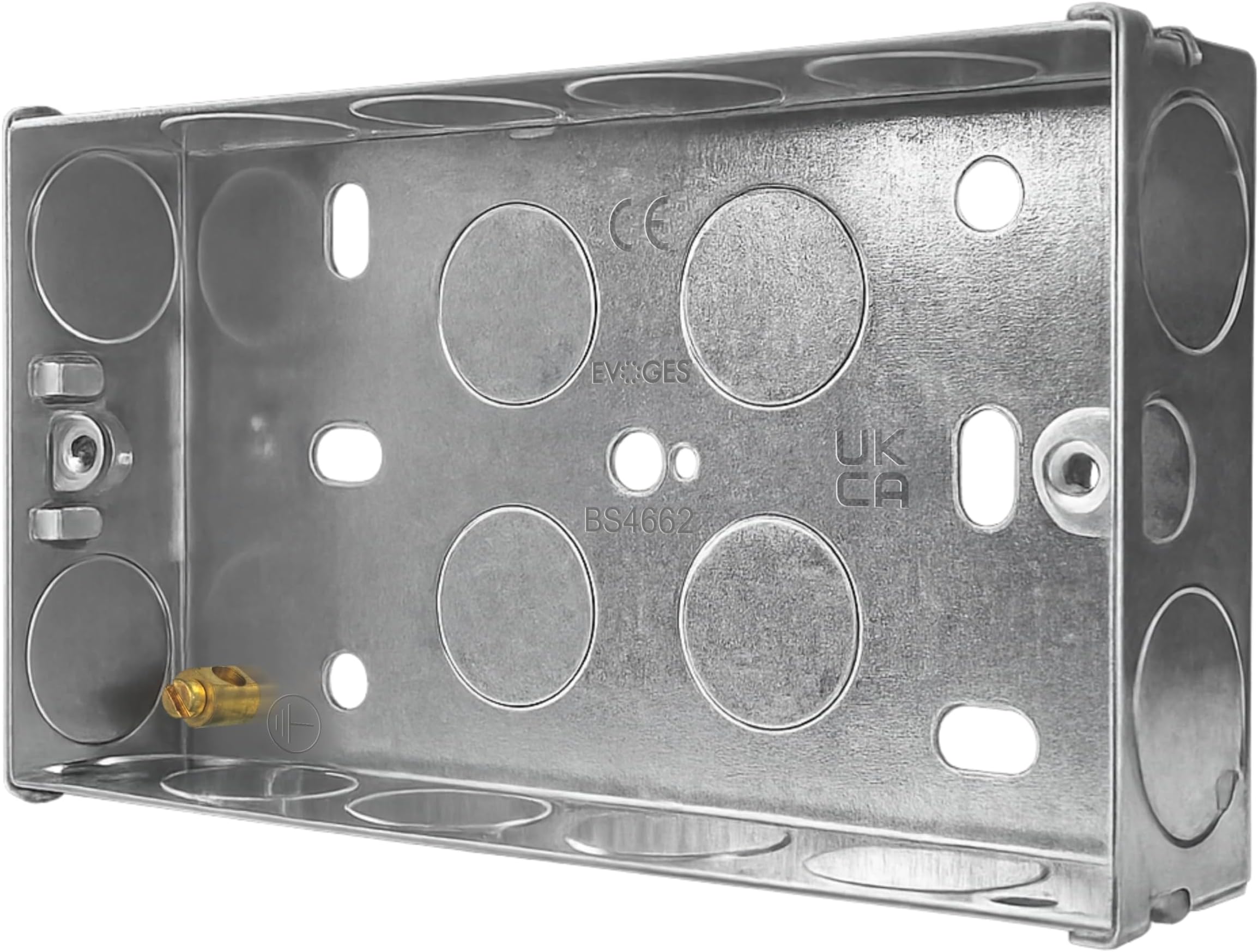 Double Metal Back Box, 25mm, 2 Gang, 1.0mm Thickness for Electrical Sockets Switches, BS4662 Standard, 20mm Knockouts, Adjustable Lug, Brass Terminal (Pack of 1)