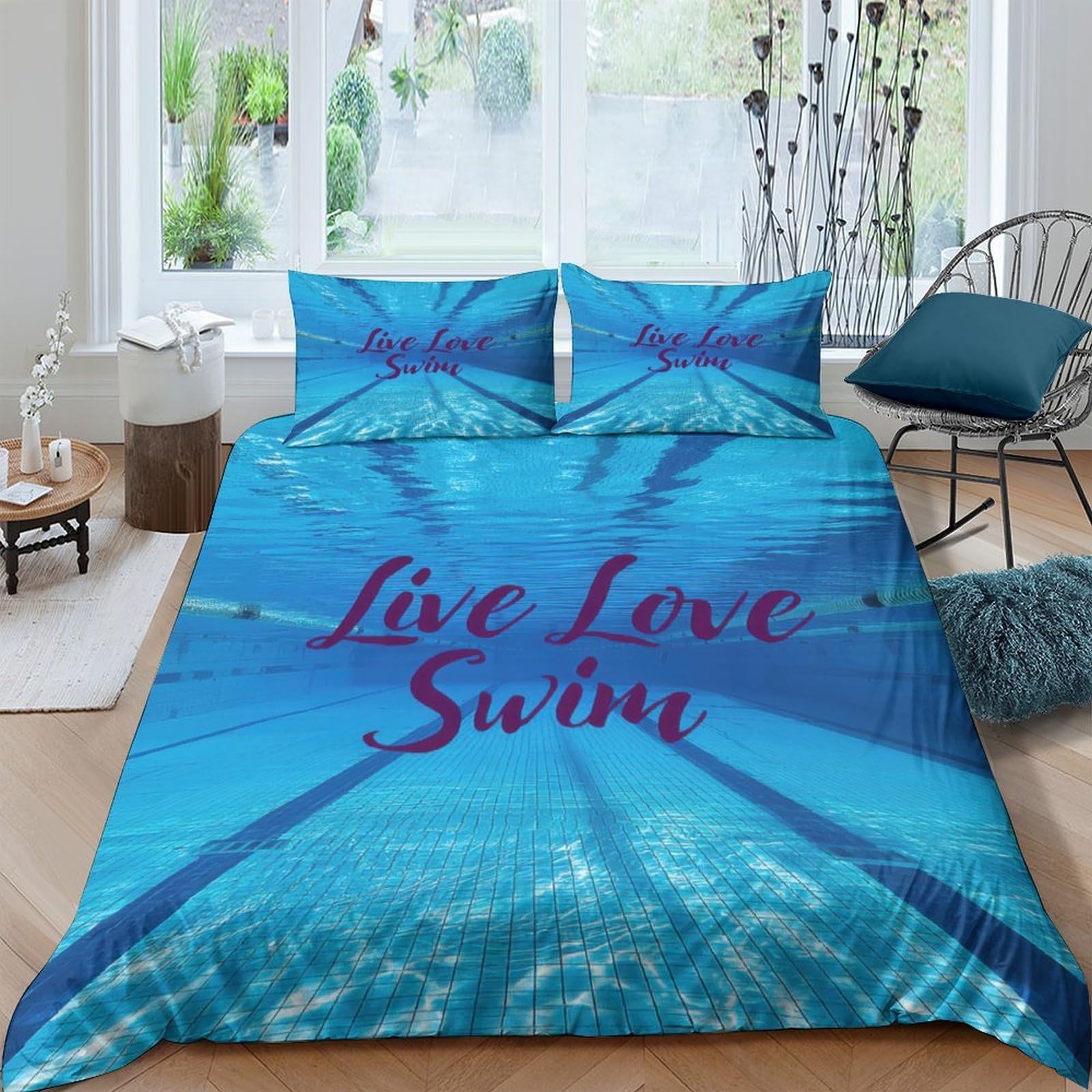 Ctjqhvkz Style-10 3D Printed Swimming Pool Fitted Sheet Microfiber Live Love Swim Mattress Cover For Bedroom Dorm Easy Care Decor Single（135X200cm）