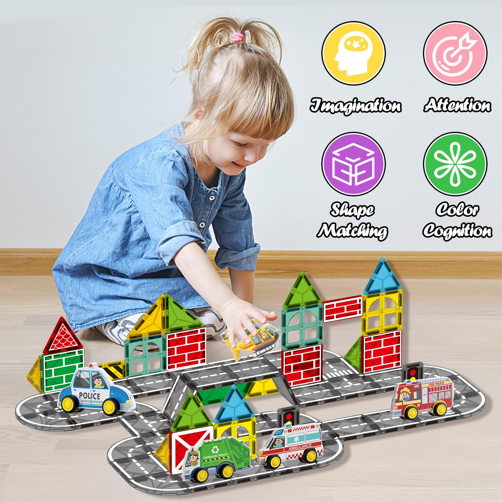 Oriate City Car Magnetic Tiles, Rolling City Vehicles with Magnetic Blocks Road Set - Image 4