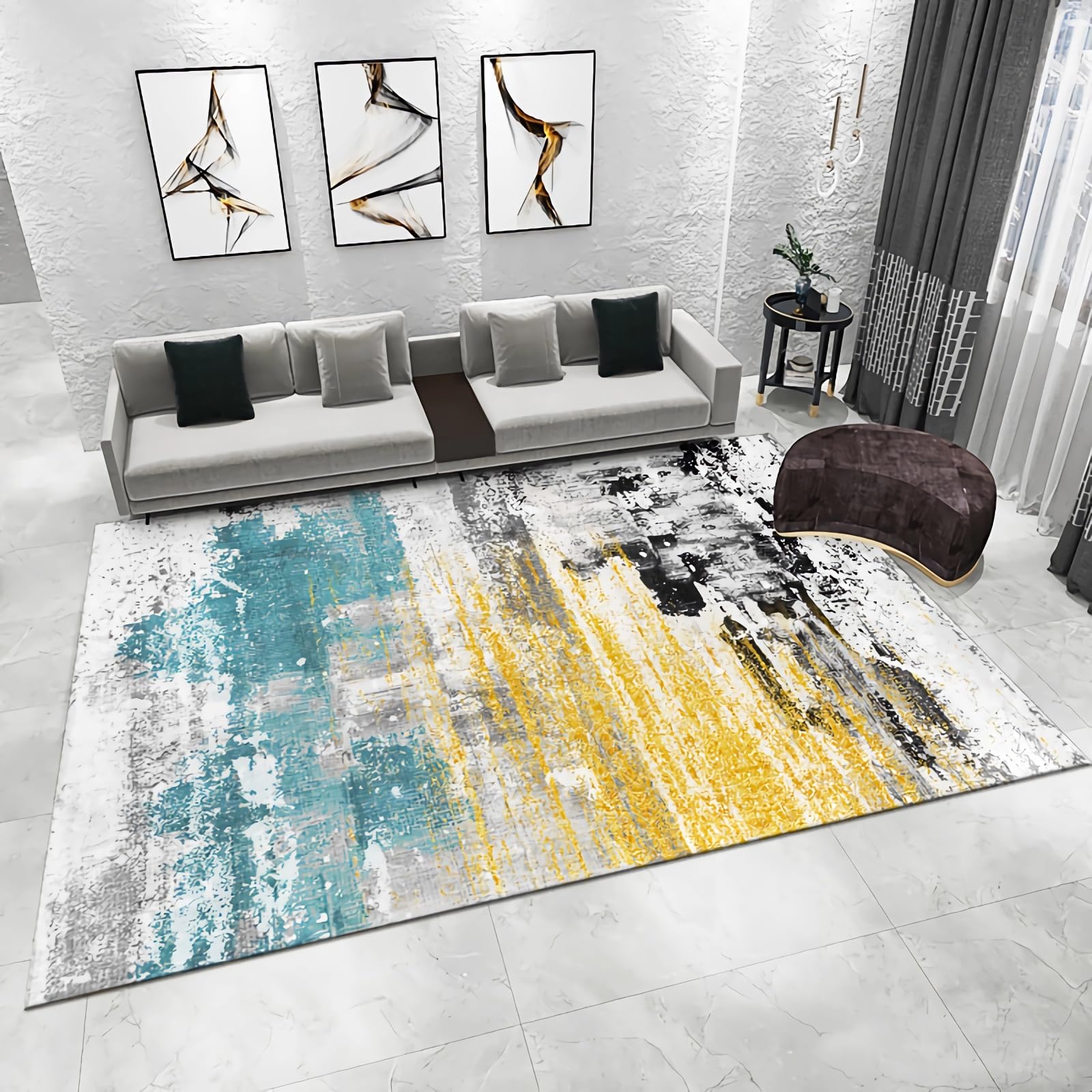 Tapis chambre enfant moderne peinture à l'huile bleu jaune 200 x 300 cm