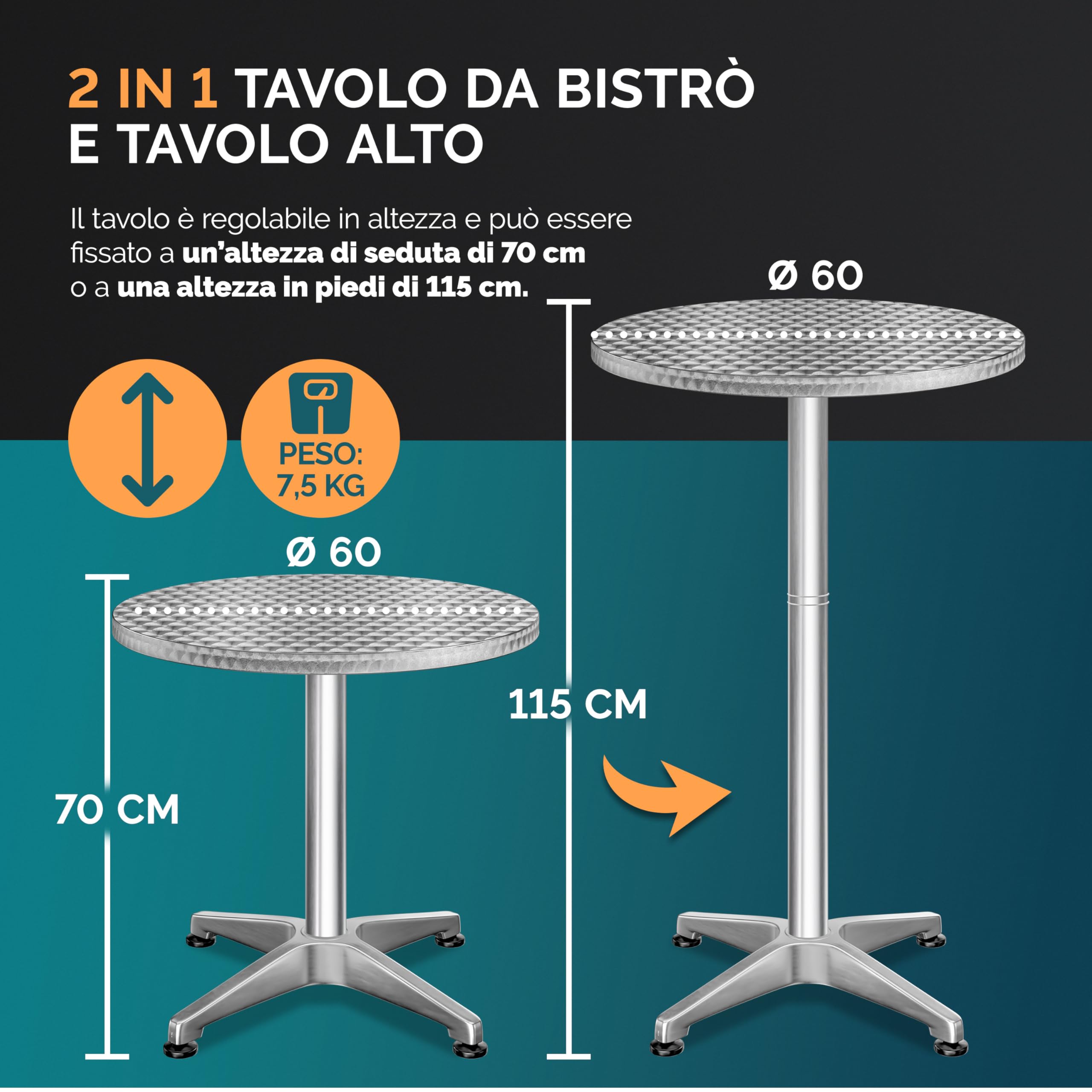 Casaria Set 2 Tavoli da Bar Altezza Regolabile 70cm / 115cm Alluminio | Rotondo, Ø 60cm, Tavoli Giardino Bistrot, per Interno ed Esterno, Robusti e Facili da pulire, 2 Pezzi, Ristorante, Bar